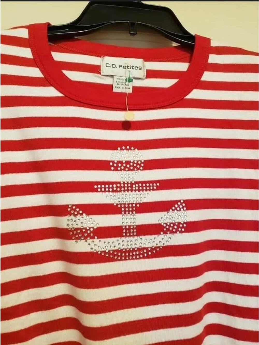 NWT C.D. Petites Red & White Stripe Nautical Anchor Pullover S/S Shirt - Size L